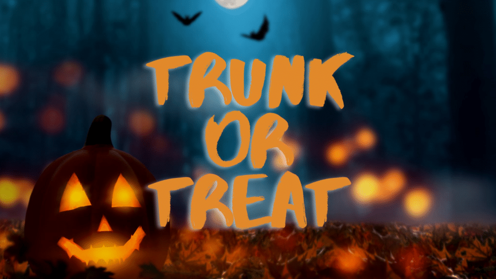 a jack o lantern with the phrase "trunk or treat"