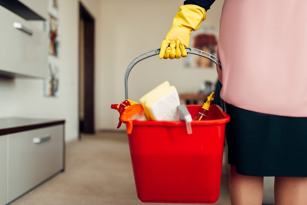 a housekeeper holding a bucket of cleaning supplies