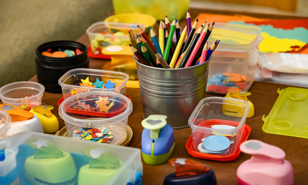 Craft supplies on kitchen table